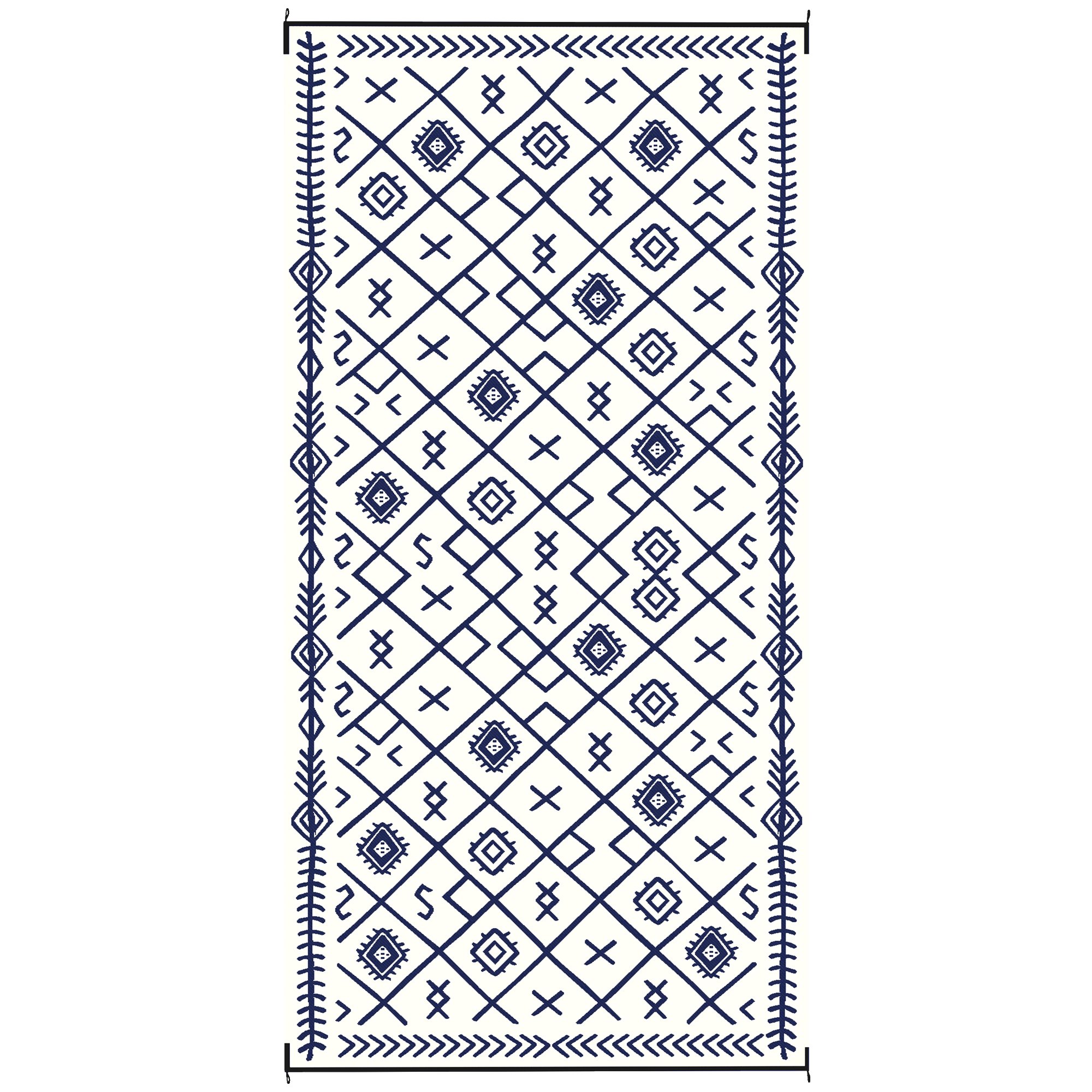 Reversible Outdoor Rug, Waterproof Plastic Straw With Carry Bag, 9 X 18, Blue & White Rhombus