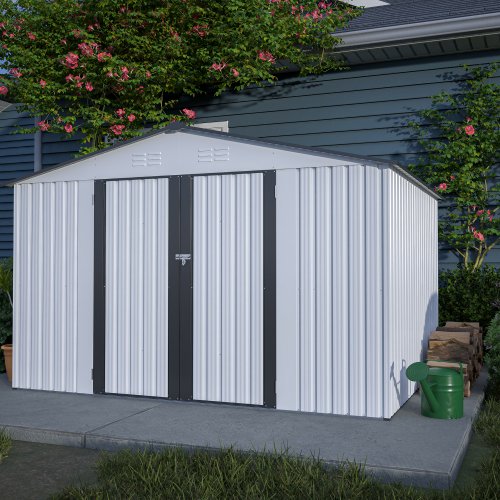 10X8 FT Outdoor Storage Shed, All Weather Metal Sheds With Lockable Doors, Tool Shed For Garden, Patio, Backyard, Lawn, Grey