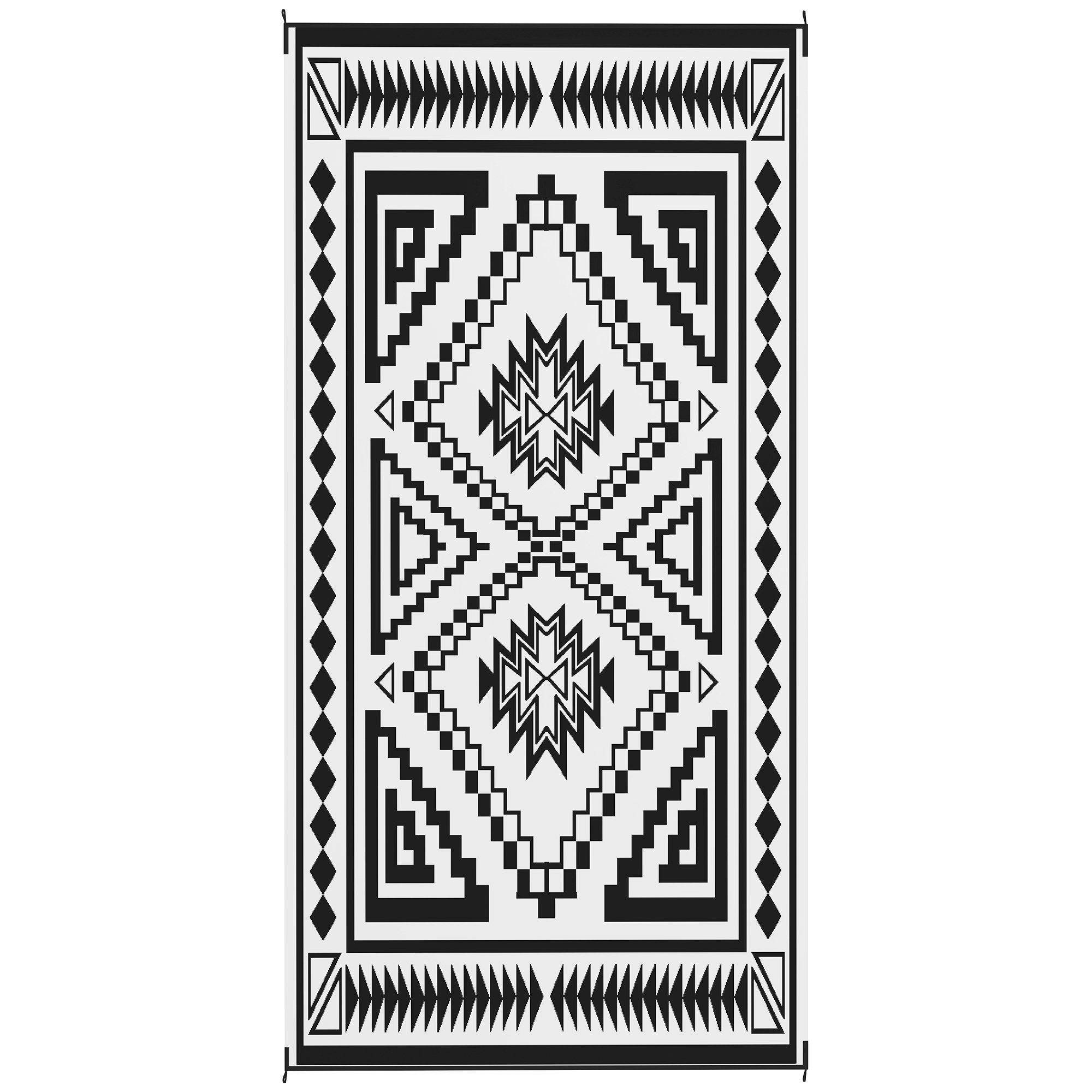 Reversible Outdoor Rug, Waterproof Plastic Straw With Carry Bag, 9 X 18, Black & White Square Patchwork