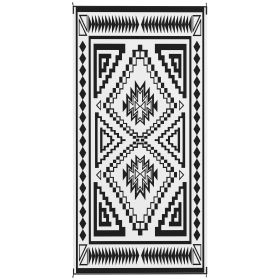 Reversible Outdoor Rug, Waterproof Plastic Straw With Carry Bag, 9 X 18, Black & White Square Patchwork