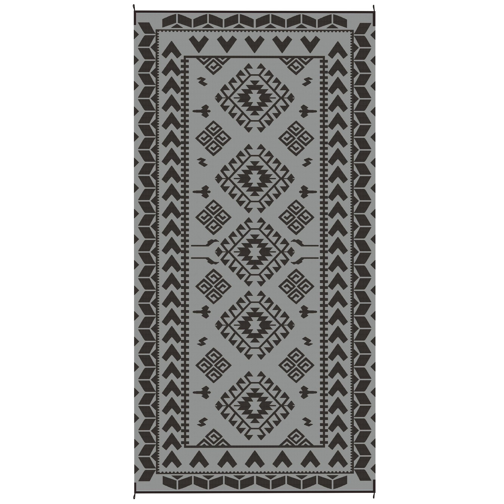 Reversible Outdoor Rug, Waterproof Plastic Straw With Carry Bag, 9 X 18, Black & Gray Rhombus Patchwork