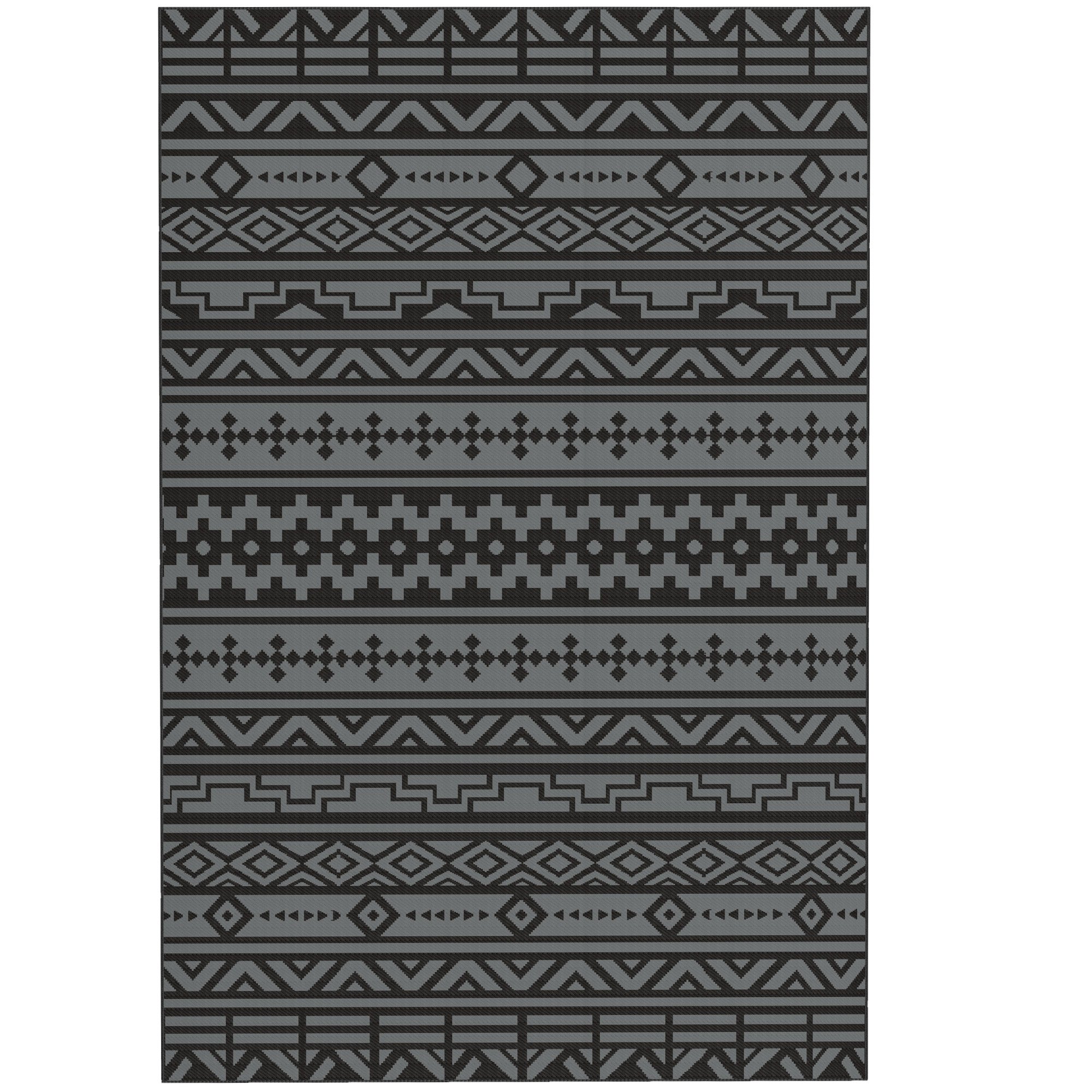 Reversible Outdoor Rug, Waterproof Plastic Straw With Carry Bag, 6 X 9, Black & Gray Geometric Wall