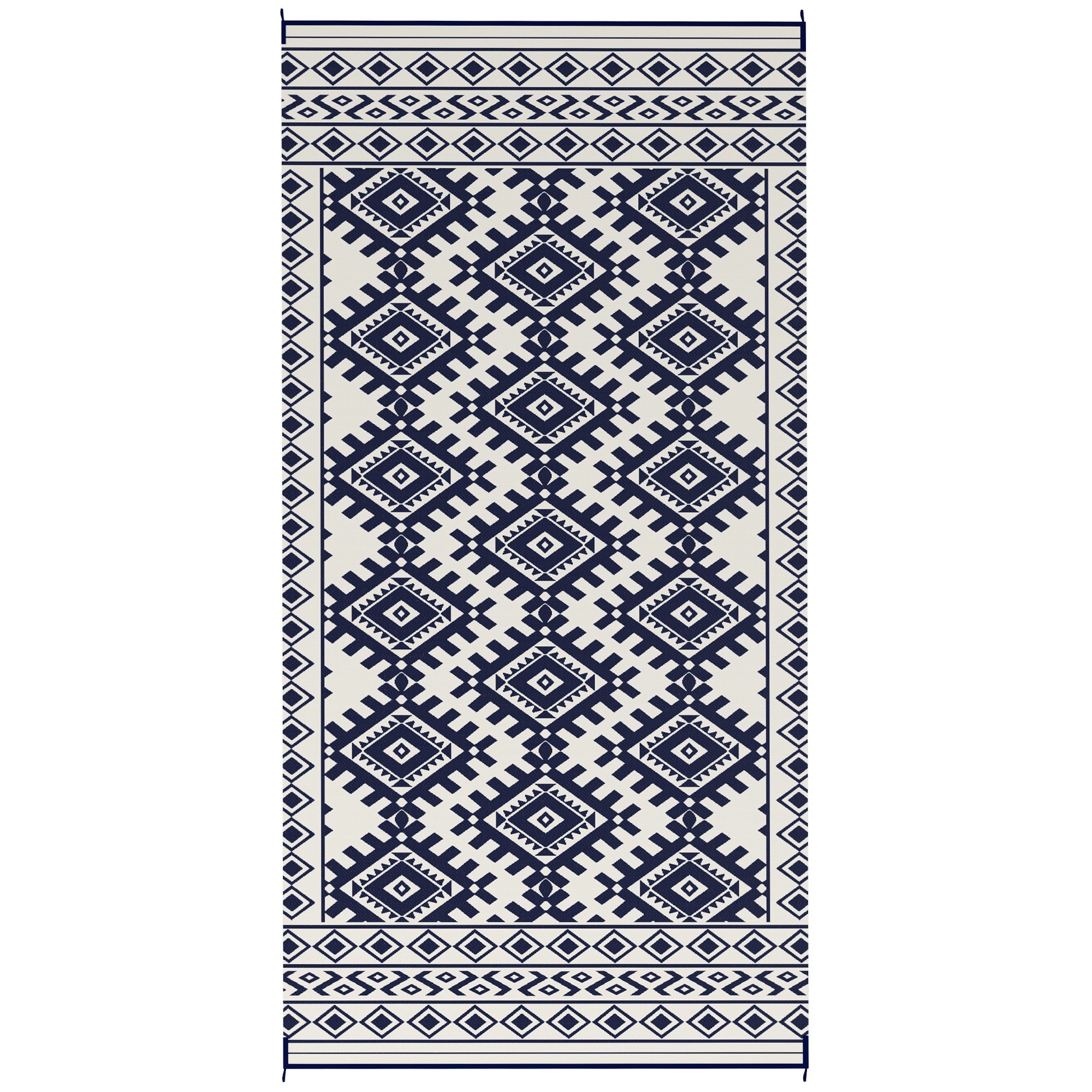 Reversible Outdoor Rug, Waterproof Plastic Straw With Carry Bag, 9 X 18, Blue & White Rhombus Border