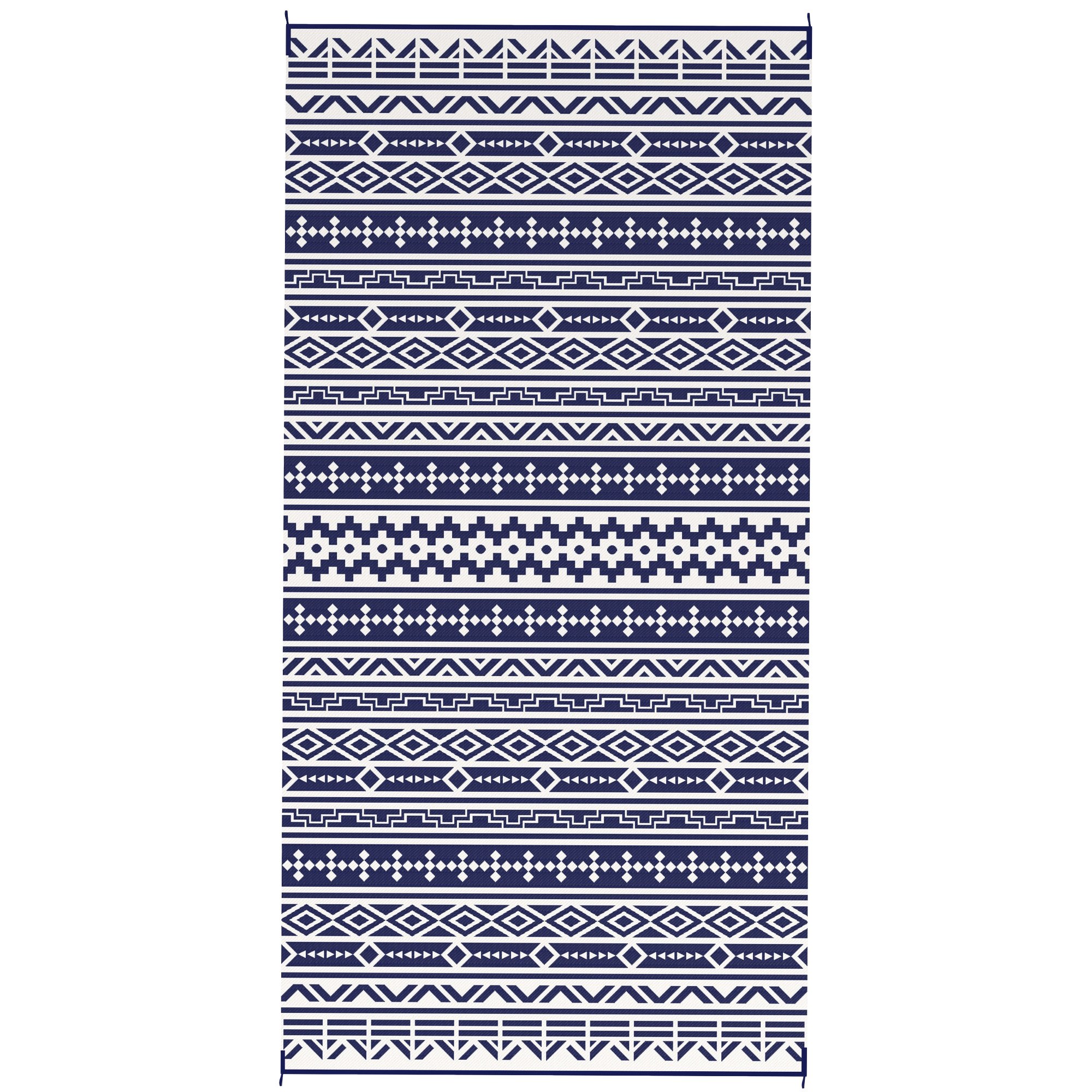 Reversible Outdoor Rug, Waterproof Plastic Straw With Carry Bag, 9 X 18, Blue & White Geometric Wall
