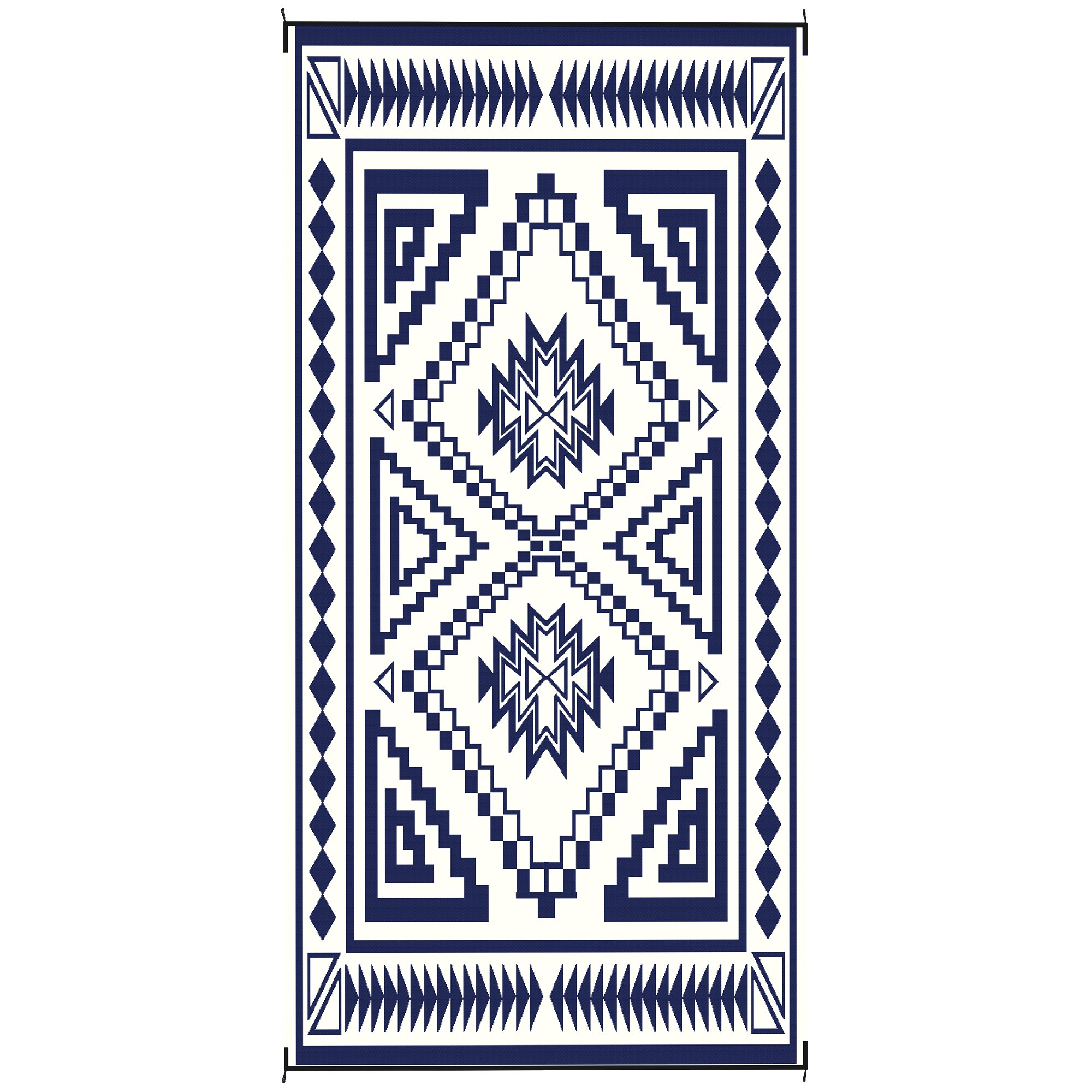 Reversible Outdoor Rug, Waterproof Plastic Straw With Carry Bag, 9 X 18, Blue & White Square Patchwork