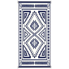 Reversible Outdoor Rug, Waterproof Plastic Straw With Carry Bag, 9 X 18, Blue & White Square Patchwork