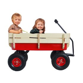 Outdoor Sport Wagon Tool Cart Wooden Side Panels Pneumatic Tire Wagon - Red