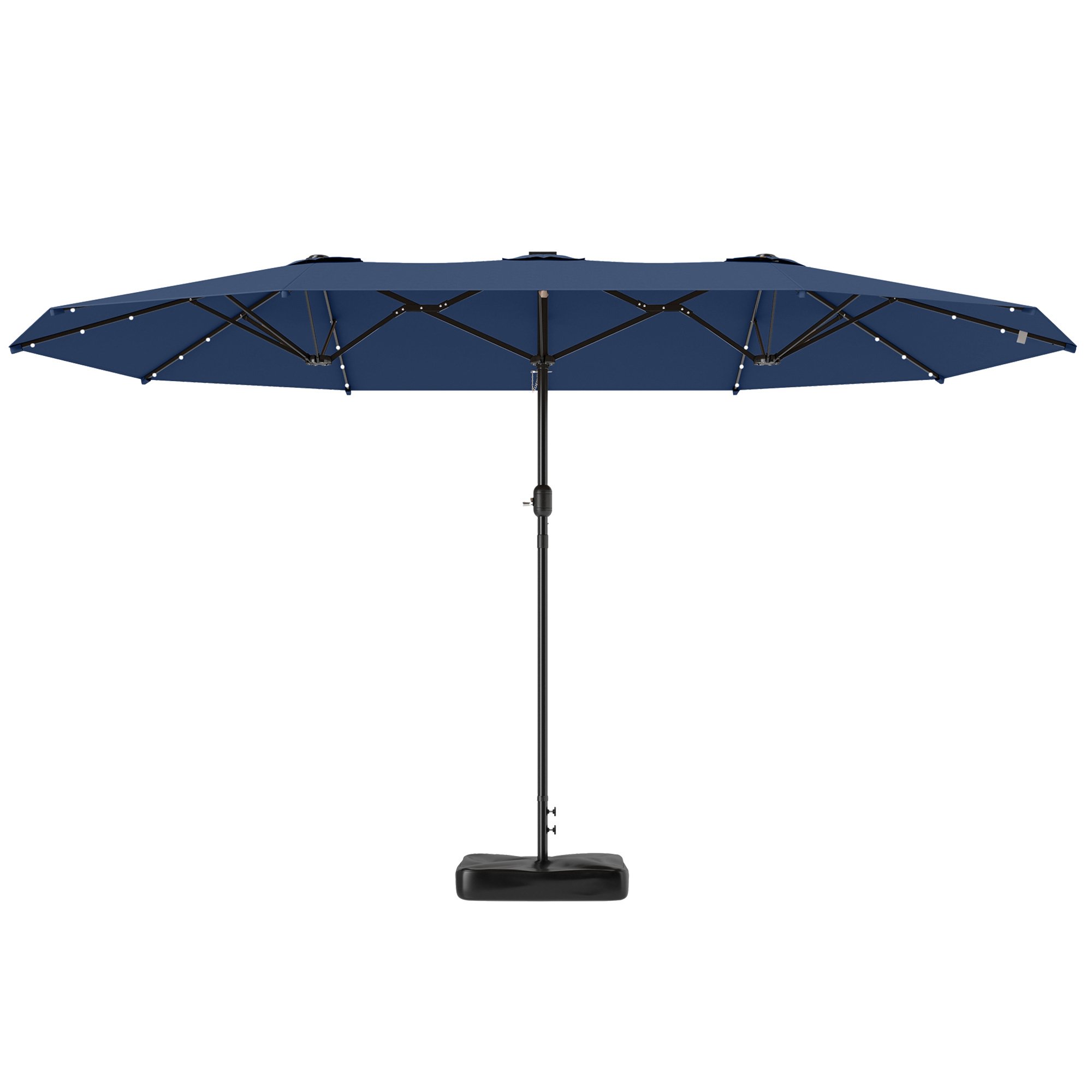 Garden Parasol 14.4ft Double-Sided Sun Umbrella With Base, Patio Parasol With LED Solar Lights, Navy Blue
