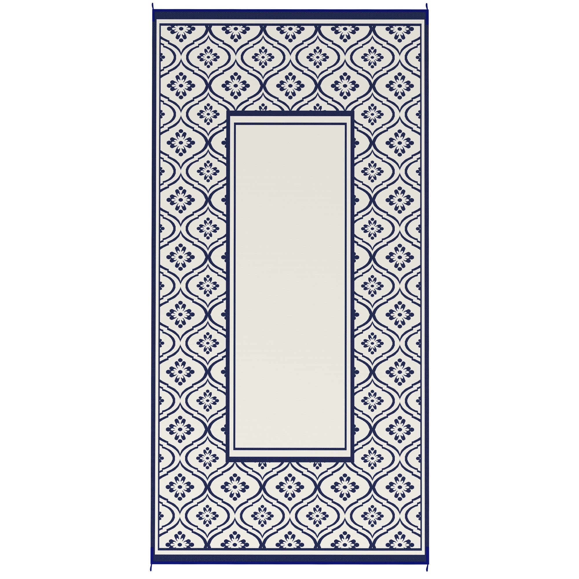 Reversible Outdoor Rug, Waterproof Plastic Straw With Carry Bag, 9 X 18, Blue & White Gourd Border