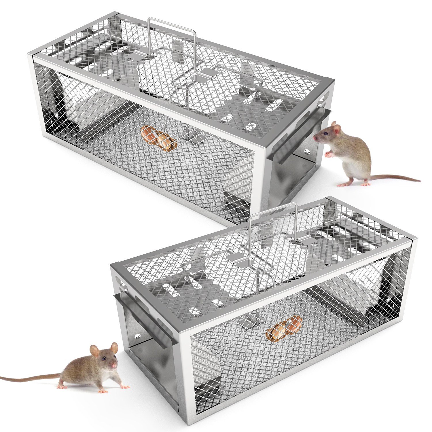 2Pack 11.81x5.63x4.45In 2-Door Humane Rat Trap Automatic Continuous Mouse Trap Reusable Galvanized Iron Live Animal Cage