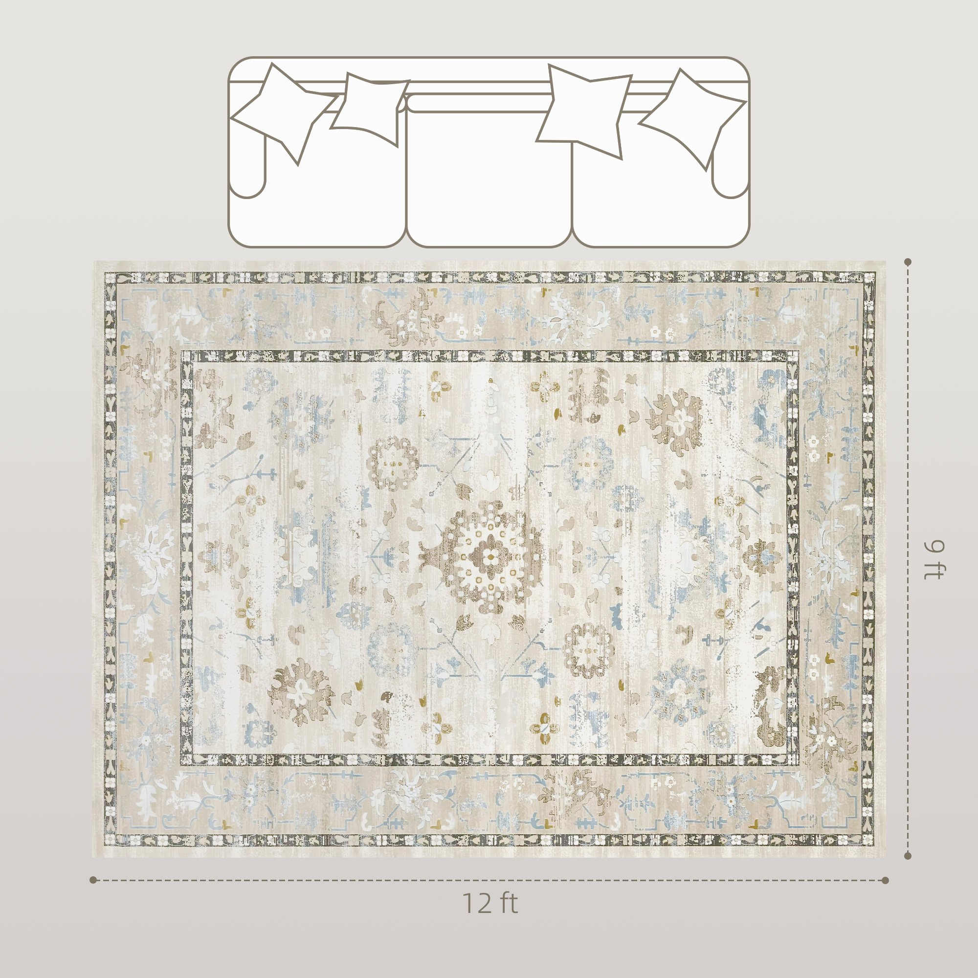 9x12 Area Rug, Indoor Boho Machine Washable Carpet For Living Room, Bedroom, Dining Room, Kitchen, Blue