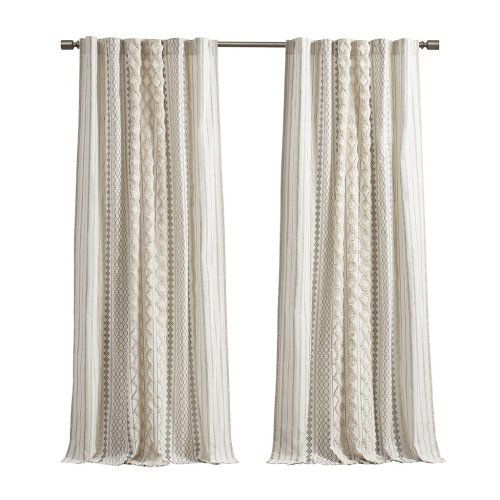 Cotton Printed Curtain Panel With Chenille Stripe And Lining Ivory 50x84