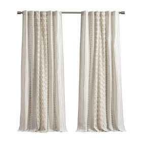 Cotton Printed Curtain Panel With Chenille Stripe And Lining Ivory 50x84