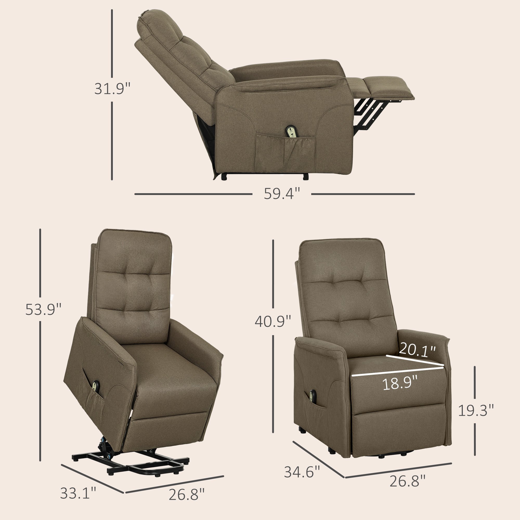 Power Lift Chair For Elderly, Fabric Recliner Sofa With Remote Control, Side Pockets, Quick Assembly, Brown