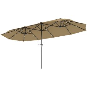 Double-Sided Market Umbrella, Large Patio Umbrella With Solar Lights, Crank Handle For Garden, Pool, Yard, Khaki