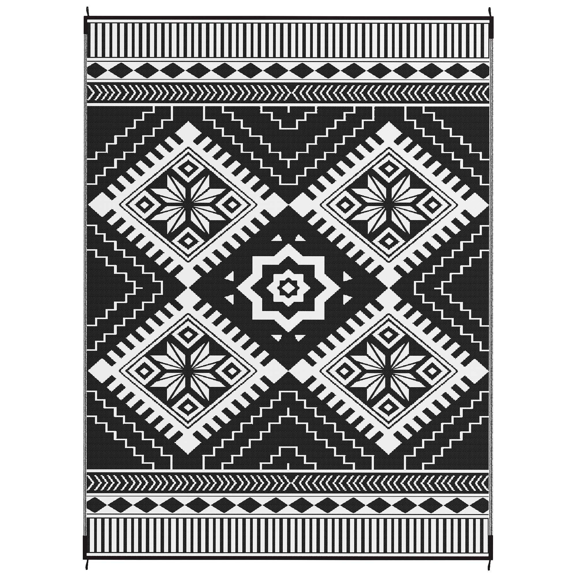 Reversible Outdoor Rug, Waterproof Plastic Straw With Carry Bag, 9 X 12, White & Black Toothed Rhombus