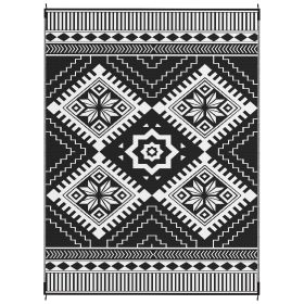 Reversible Outdoor Rug, Waterproof Plastic Straw With Carry Bag, 9 X 12, White & Black Toothed Rhombus