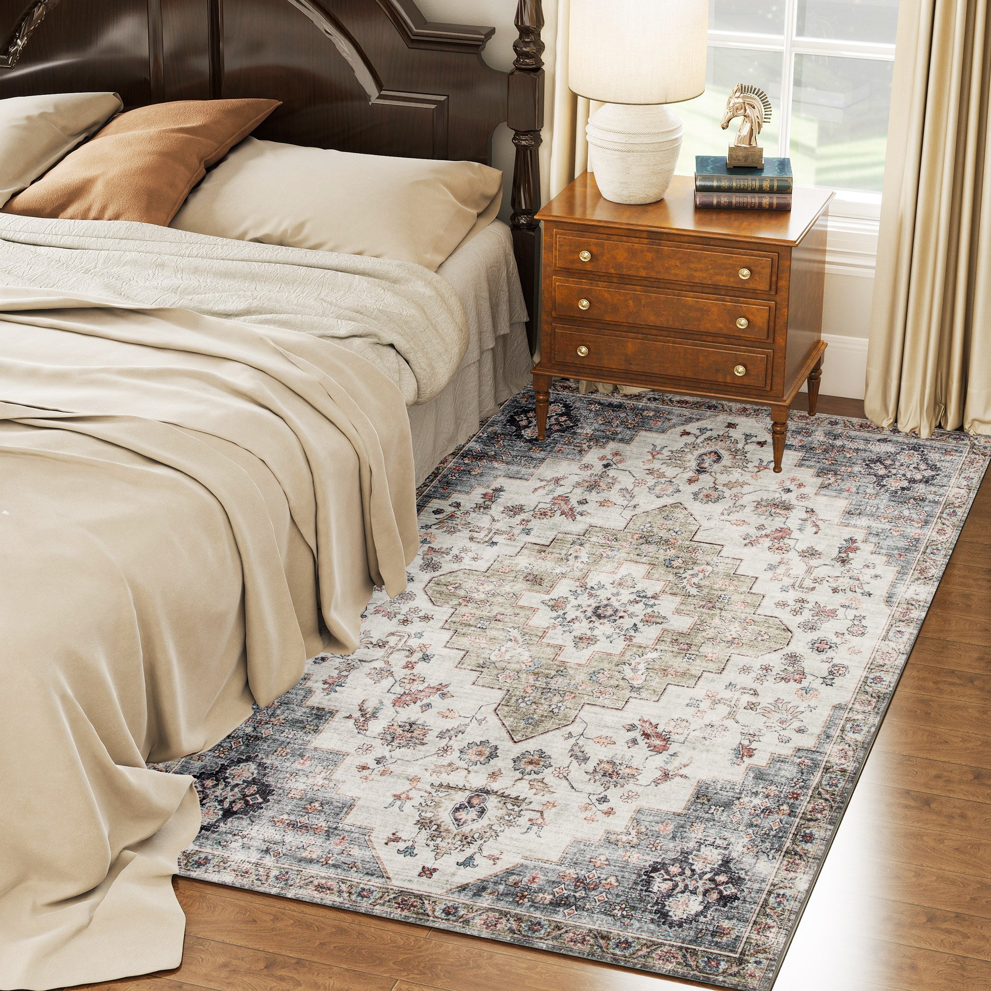 4x6 Area Rug, Vintage Machine Washable Rug, Non-Slip Carpet For Living Room, Bedroom, Dining Room, Brown And Green