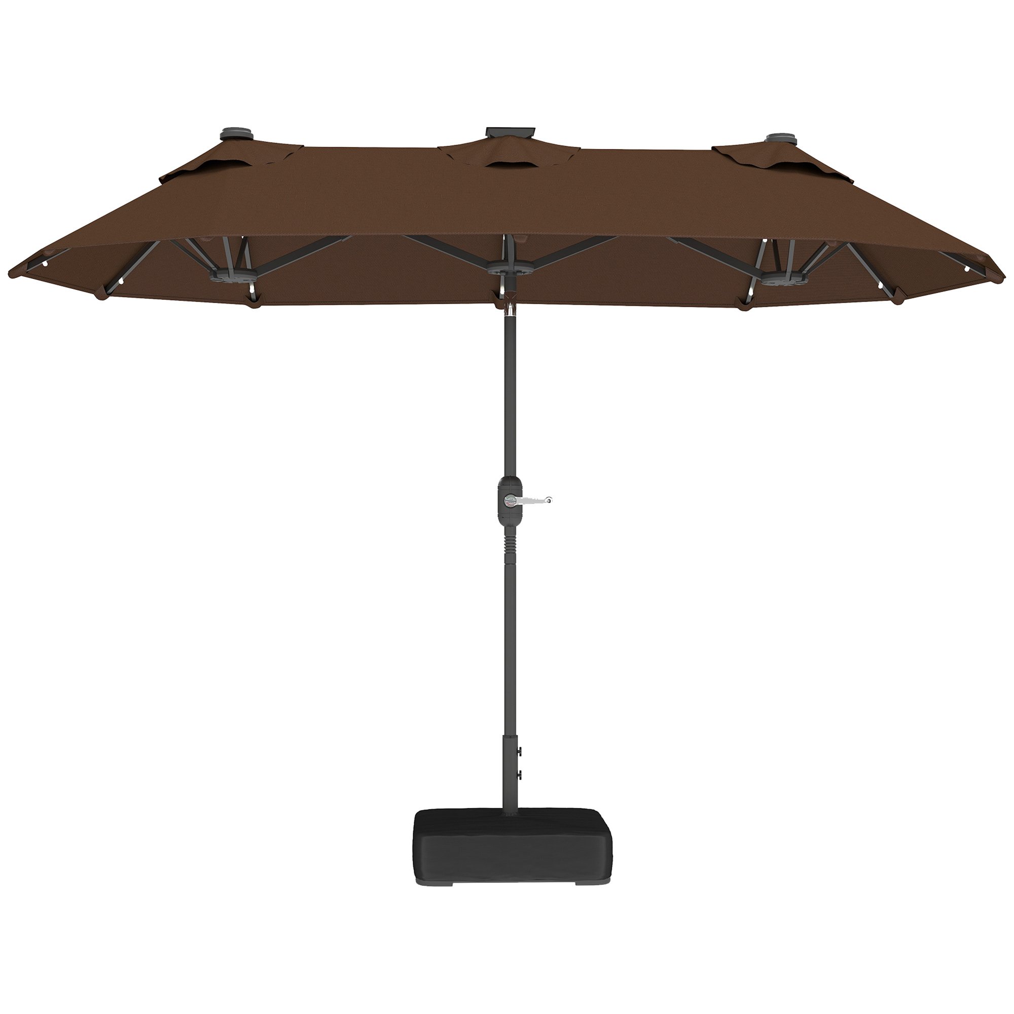 Double-sided Outdoor Patio Umbrella With Solar Lights And Base, Dining Table Umbrella Push Button Tilt, Coffee