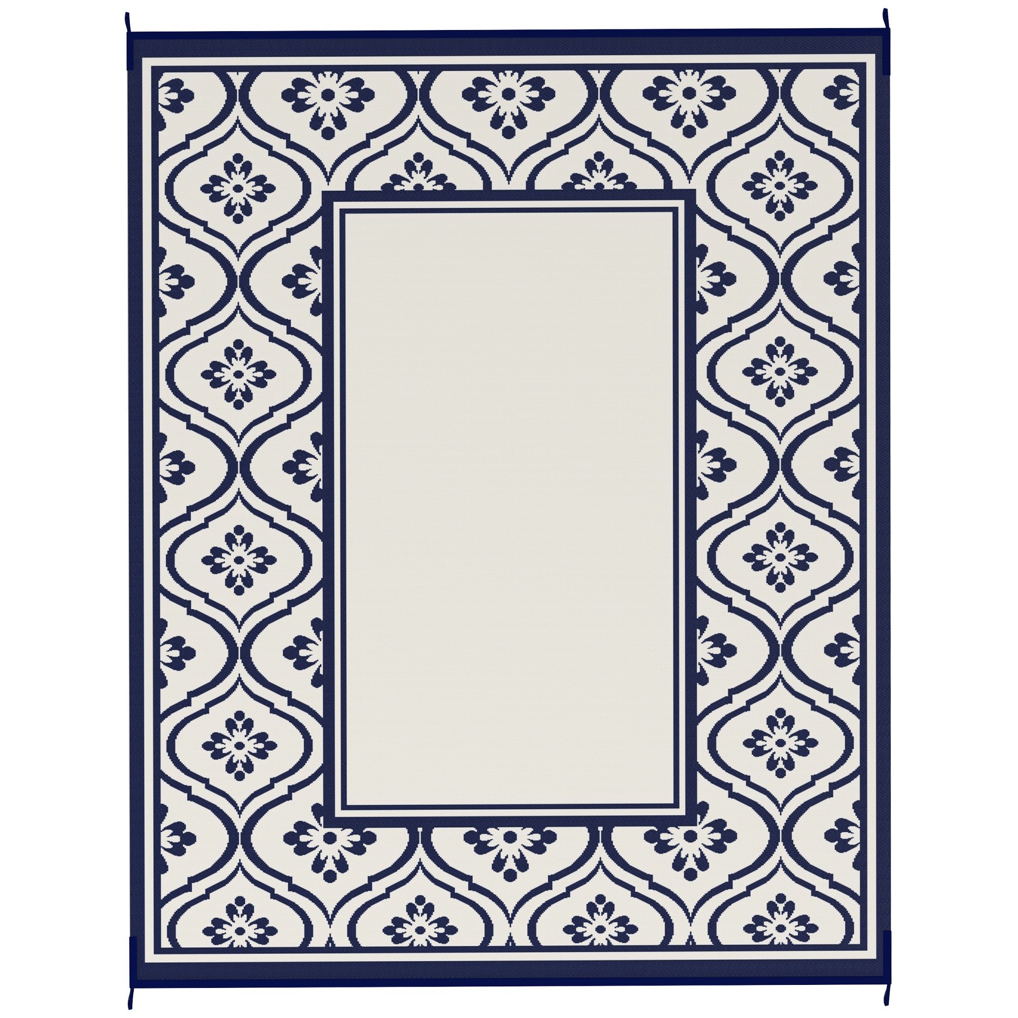 Reversible Outdoor Rug, Waterproof Plastic Straw With Carry Bag, 8 X 10, Blue & White Gourd Border