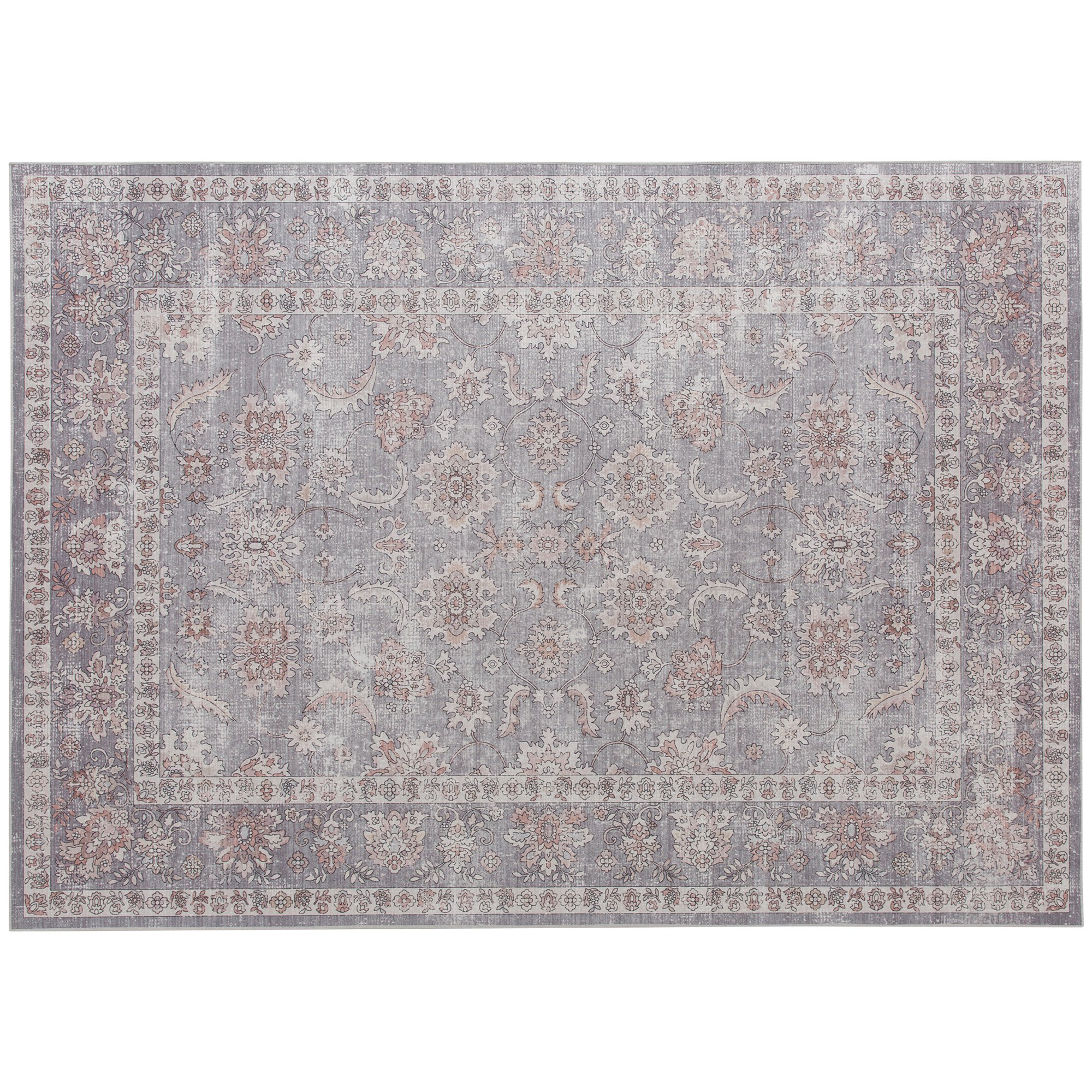Machine Washable Area Rug 5x7, Non-Slip Traditional Flower Print Floor Carpet For Living Room, Bedroom, Grey And Brown