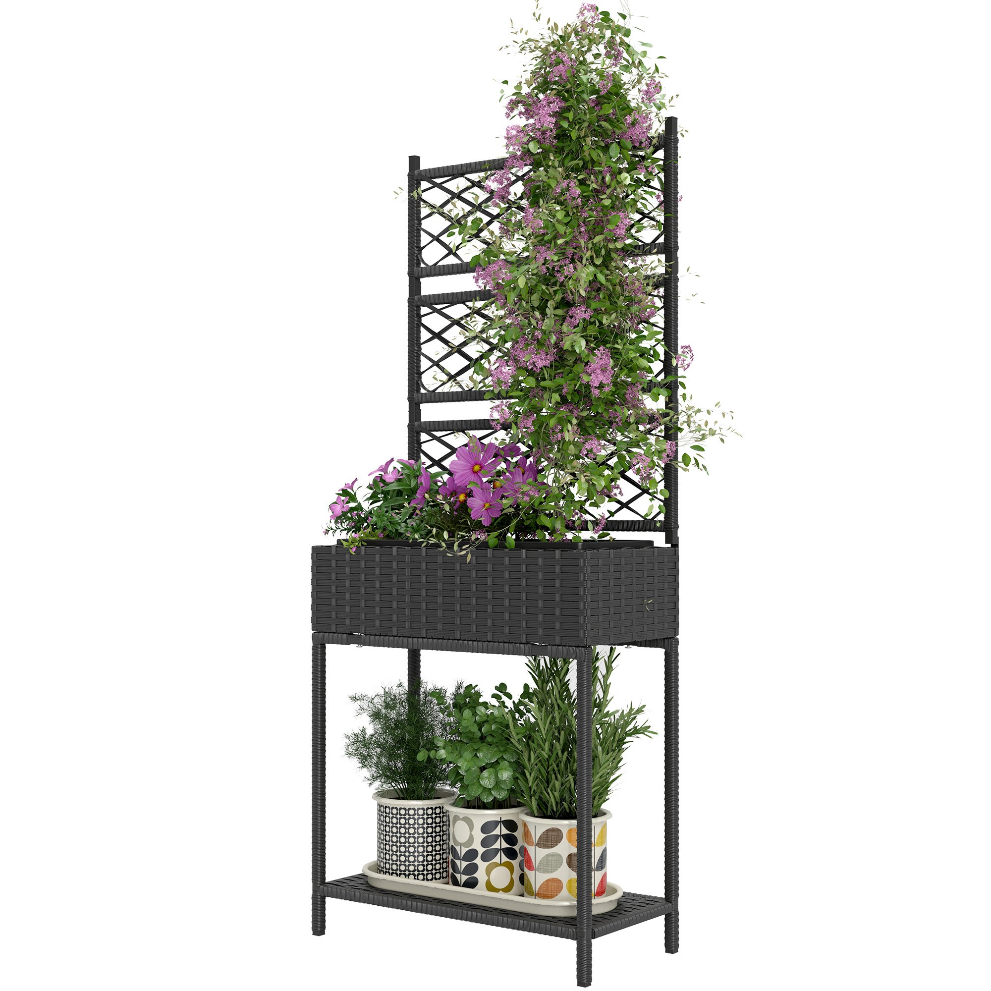 Outdoor Wicker Planter With Trellis For Climbing Plants, Freestanding Rattan Garden Box With Storage Shelf, Black