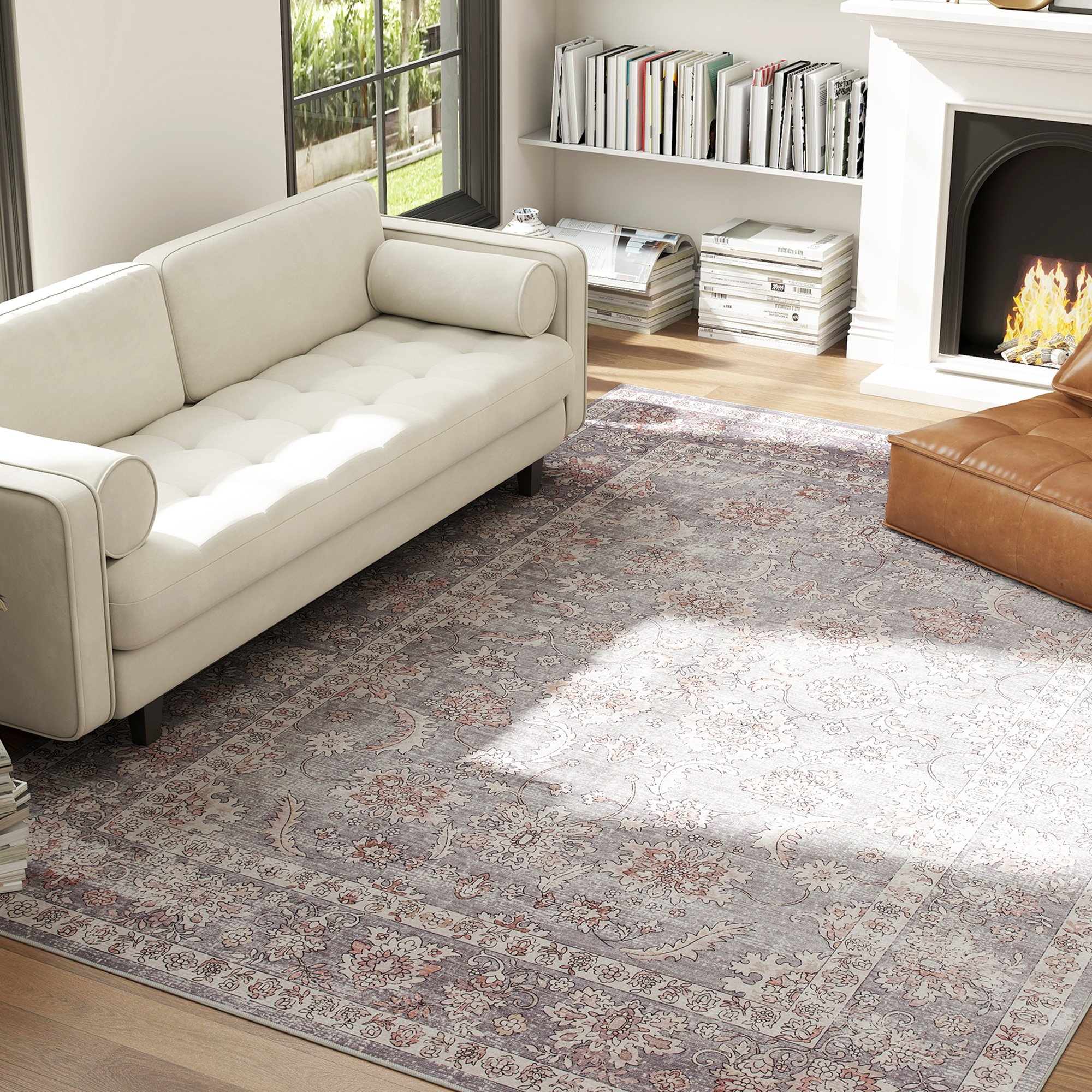 Machine Washable Area Rug 8x10, Non-Slip Traditional Flower Print Floor Carpet For Living Room, Bedroom, Grey And Brown