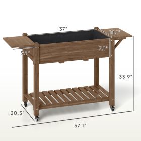 Wood Raised Planter Box, Elevated Garden Bed With Lockable Wheels, Side Tables, Bottom Shelf, Drain Holes, Carbonized