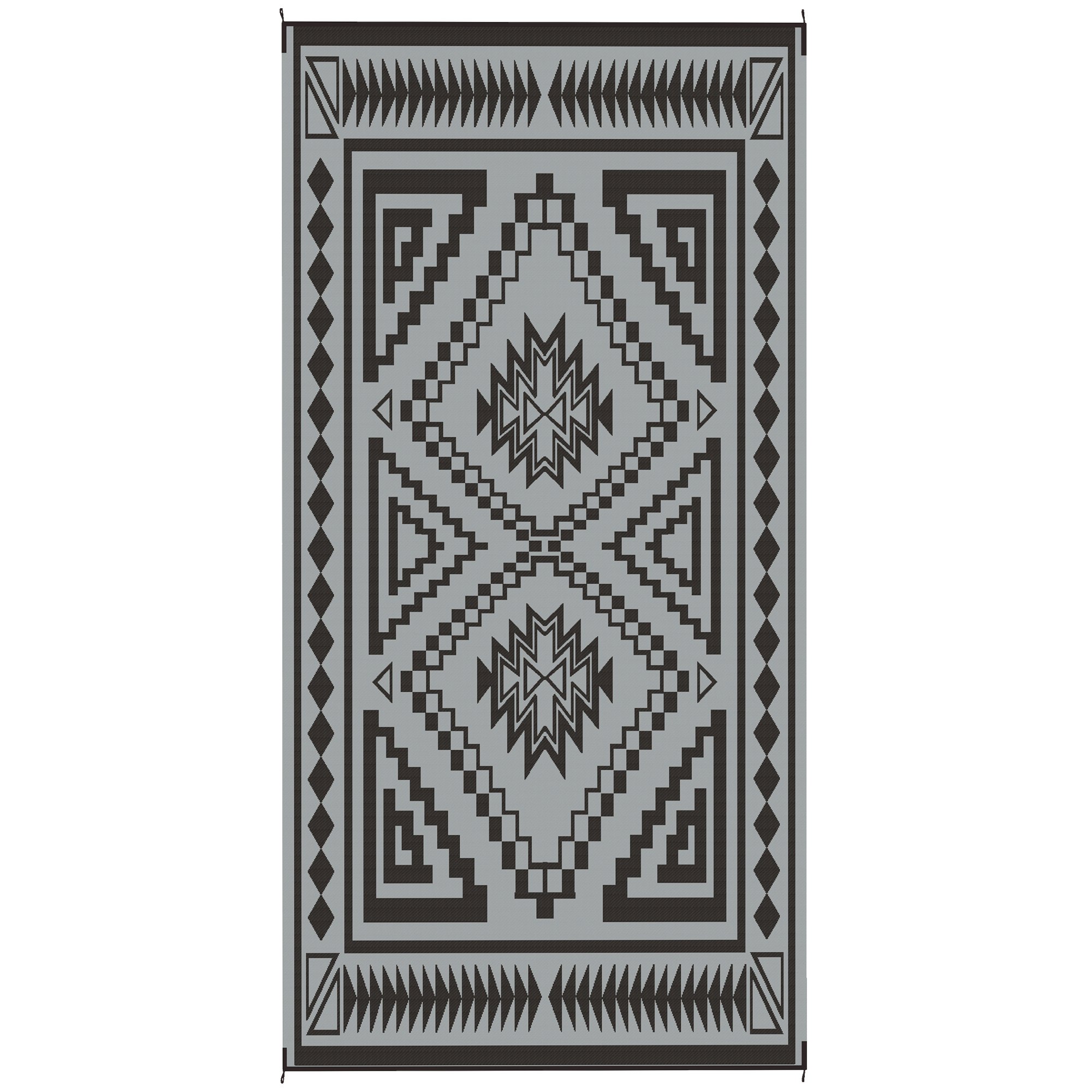 Reversible Outdoor Rug, Waterproof Plastic Straw With Carry Bag, 9 X 18, Black & Gray Square Patchwork