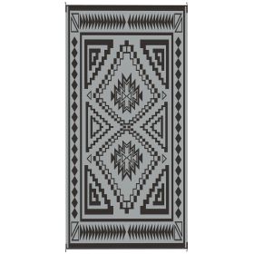 Reversible Outdoor Rug, Waterproof Plastic Straw With Carry Bag, 9 X 18, Black & Gray Square Patchwork