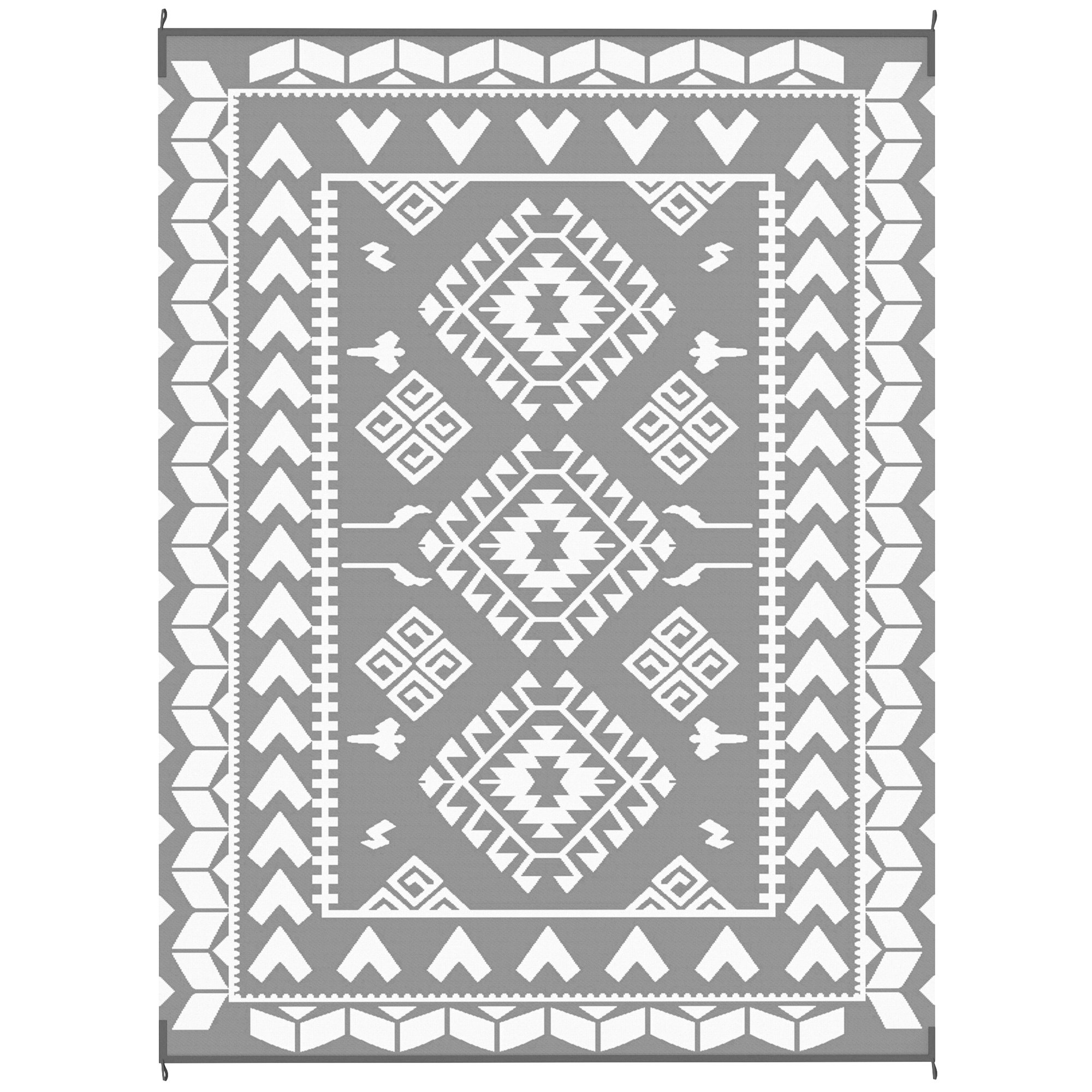Reversible Outdoor Rug, Waterproof Plastic Straw With Carry Bag, 9 X 12, Gray & White Rhombus Patchwork
