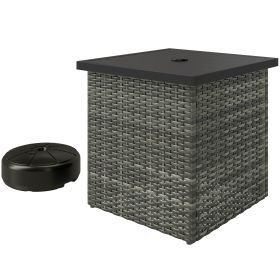 Wicker Side Table With 1.5 Umbrella Hole, Square Outdoor End Table With UV-Resistant Frame, Storage Space, Mixed-Gray