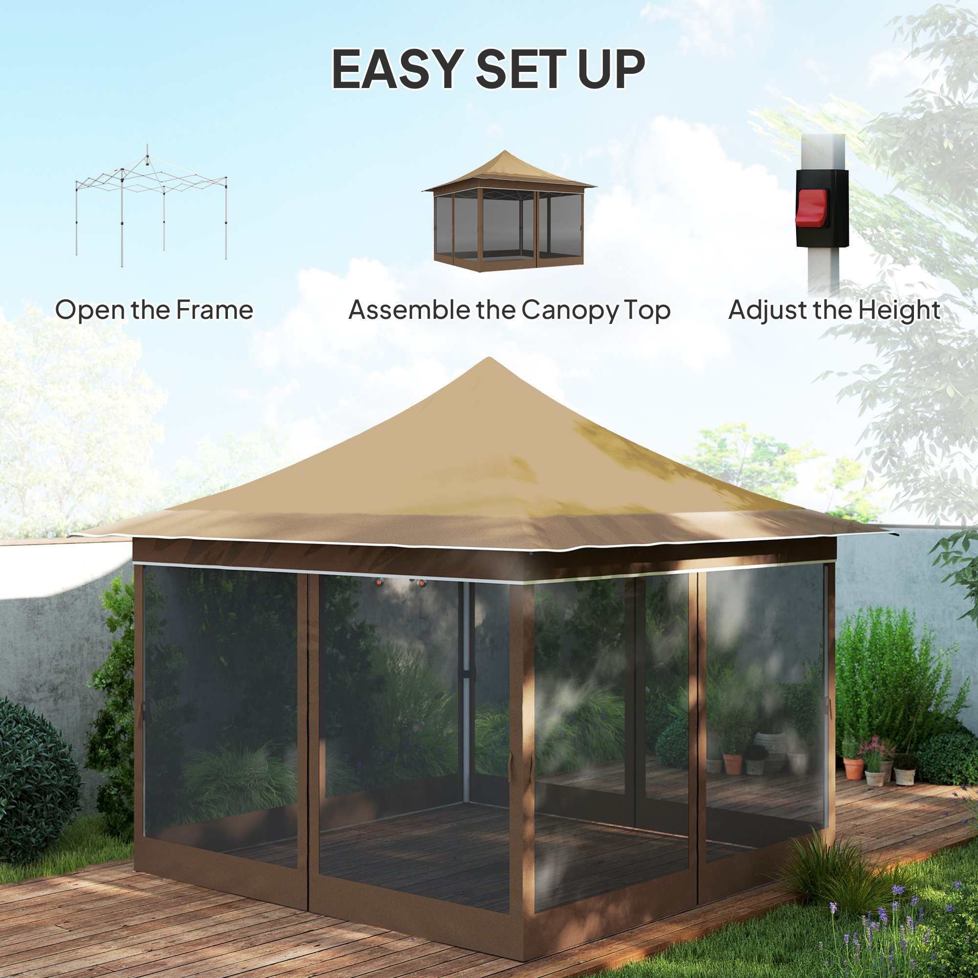 12 X 12 Ft. Canopy Tent With Mesh Netting, Up Tent With Carry Bag For Garden, Patio, Beige