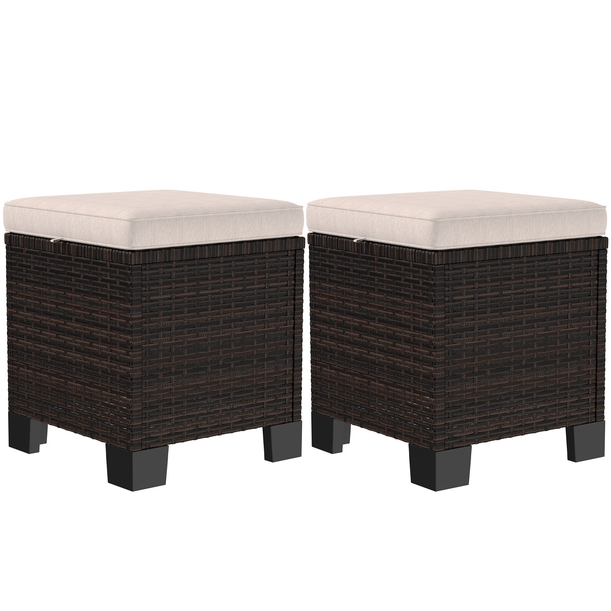 2 Piece Wicker Outdoor Ottomans With Cushions, Rattan Ottoman Footrest And Side Table For Patio, Yard, Poolside, Cream