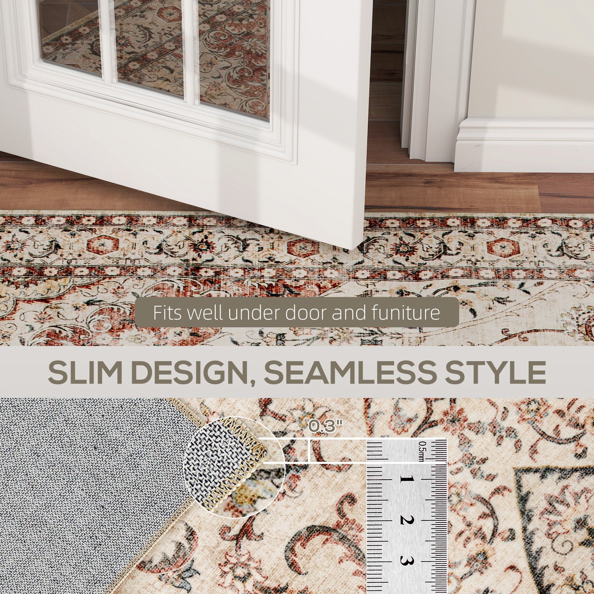 Area Rug 4x6, Machine Washable Rug, Non-Slip Classical Floral Print Floor Carpet For Living Room, Bedroom, Mixed-Brown