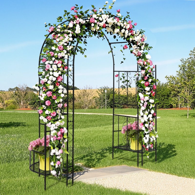 7ft Double-layer Curved Roof With Screen, Planting Frame, Black Wrought Iron Arch