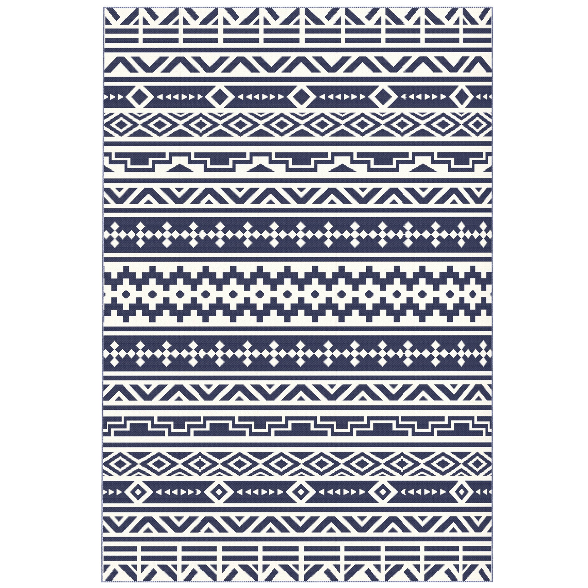 Reversible Outdoor Rug, Waterproof Plastic Straw With Carry Bag, 6 X 9, Blue  White Geometric