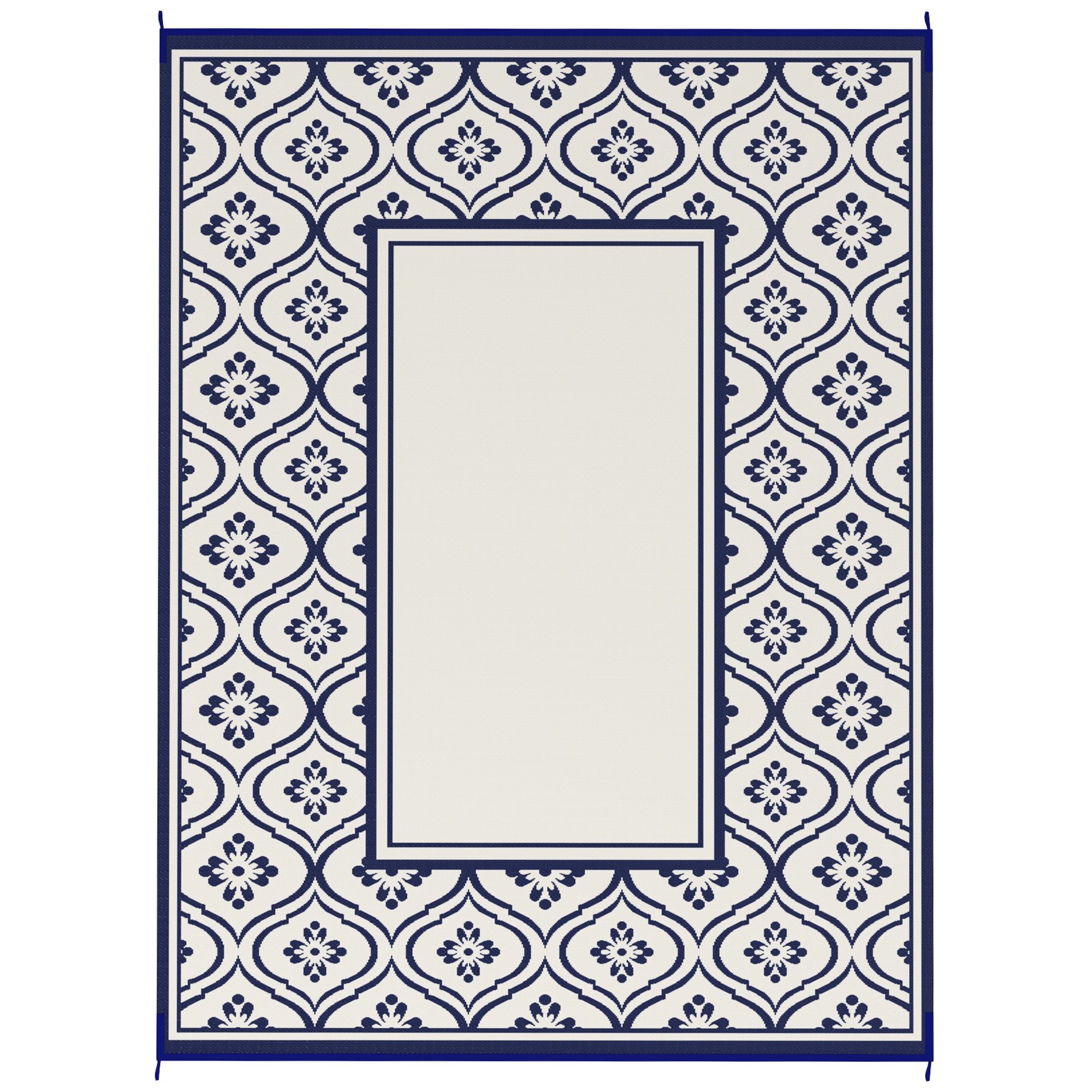 Reversible Outdoor Rug, Waterproof Plastic Straw With Carry Bag, 9 X 12, Blue White Gourd Border