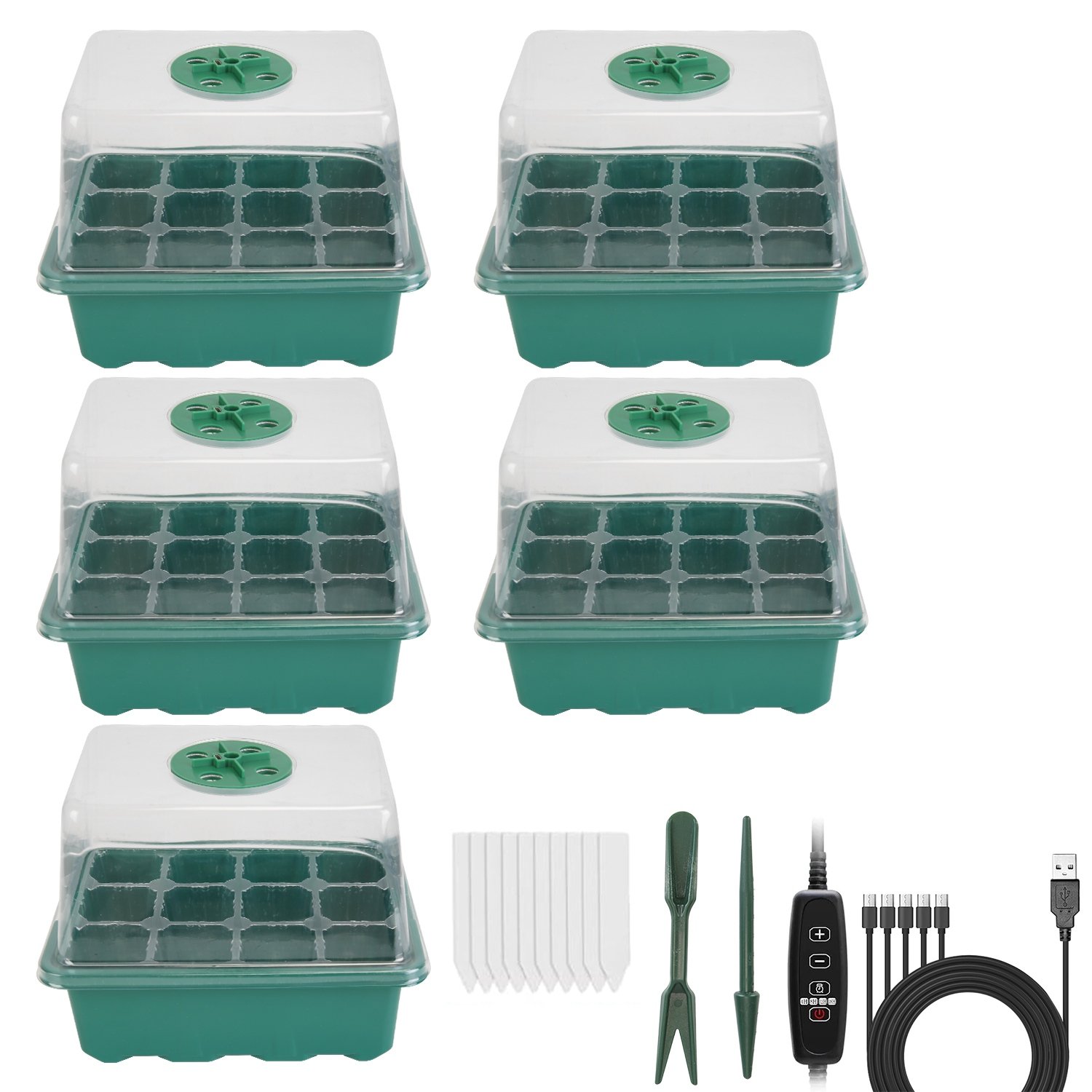 5Packs Seed Starter Tray With Grow Light Humidity Dome Germination Kit With 5-Level Brightness 4 Timers For Indoor Greenhouse