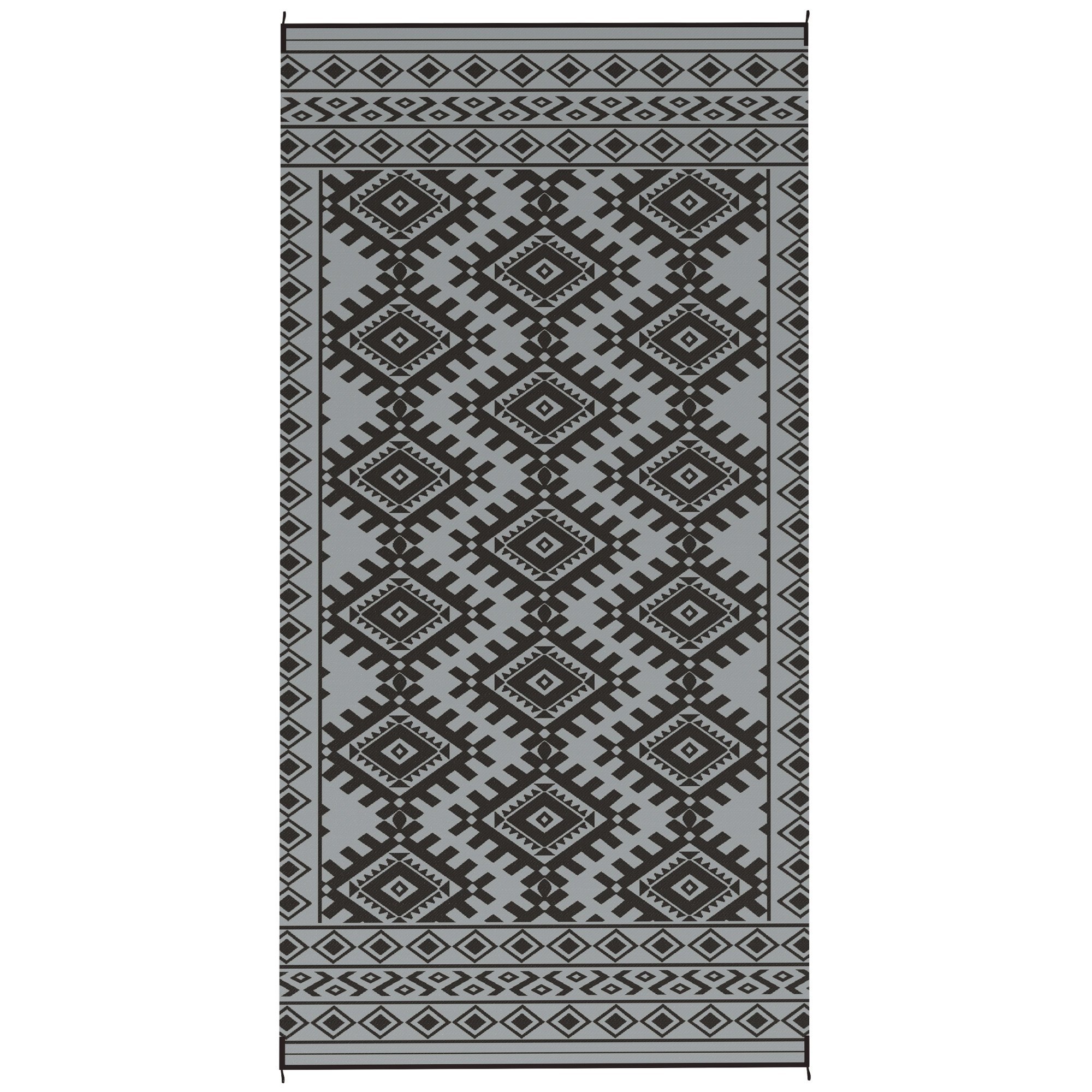 Reversible Outdoor Rug, Waterproof Plastic Straw With Carry Bag, 9 X 18, Black & Gray Rhombus Border