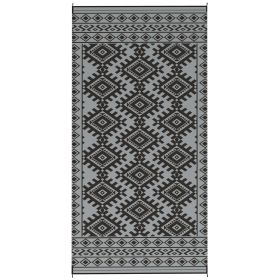 Reversible Outdoor Rug, Waterproof Plastic Straw With Carry Bag, 9 X 18, Black & Gray Rhombus Border