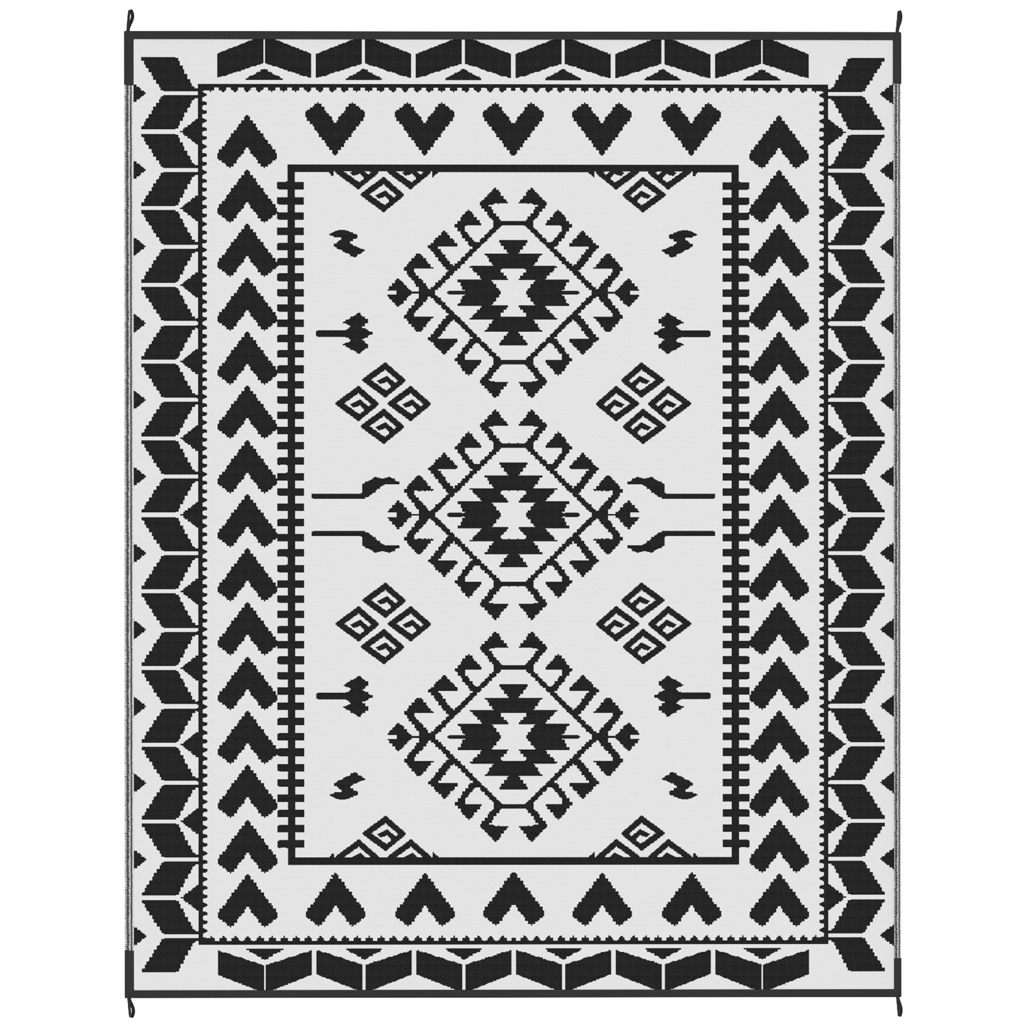 Reversible Outdoor Rug, Waterproof Plastic Straw With Carry Bag, 8 X 10, Black & White Rhombus Patchwork