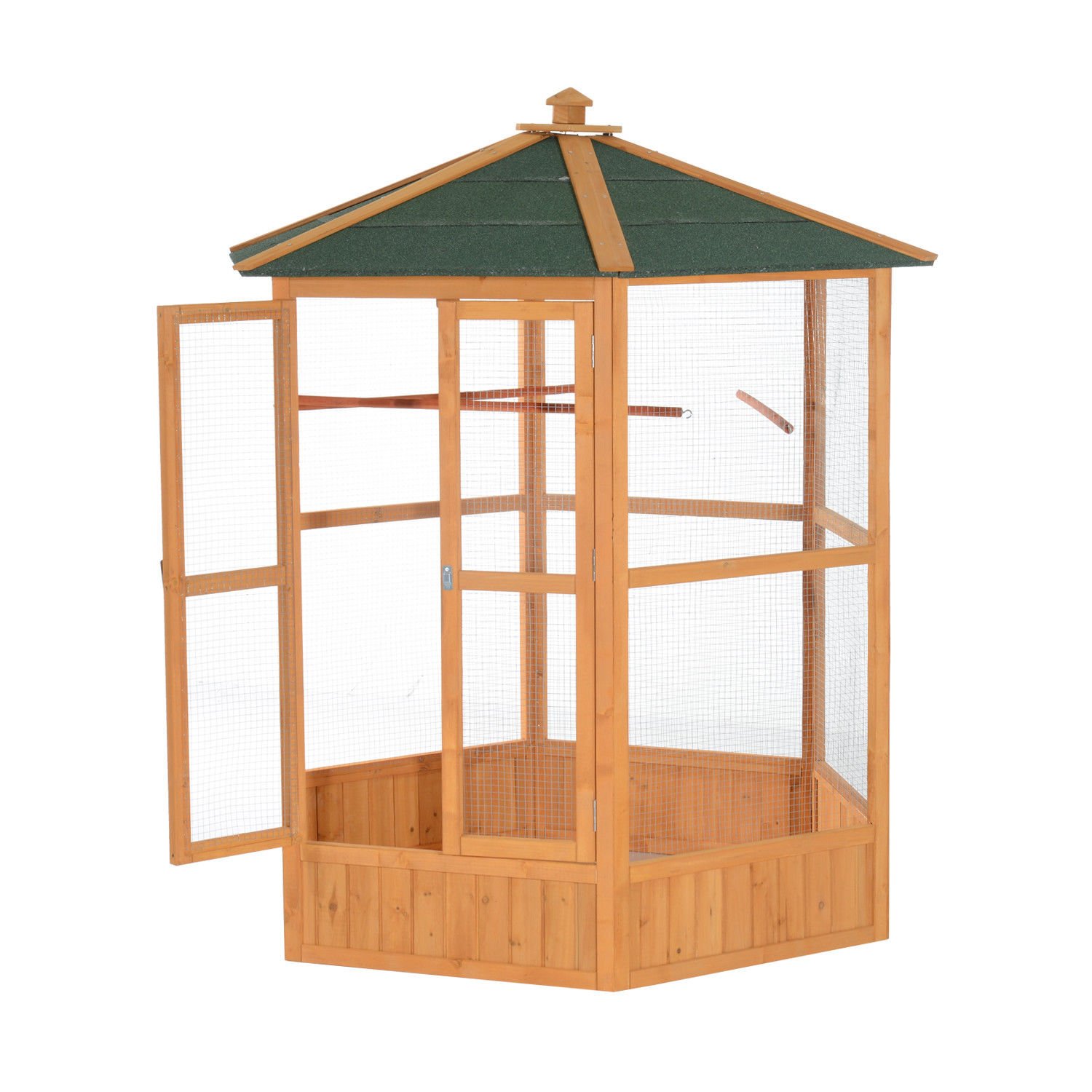 69 Large Wooden Bird Aviary Hexagonal Outdoor Aviary Flight Bird Cage With Covered Roof, Brown
