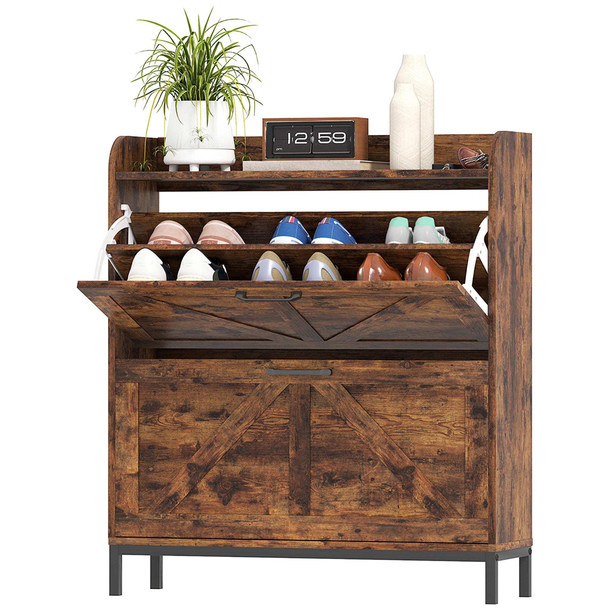 Shoe Cabinet Organizer With 2 Flip Drawers, Legs, Narrow Shoe Storage Cabinet For Entryway, Hallway, Rustic Brown