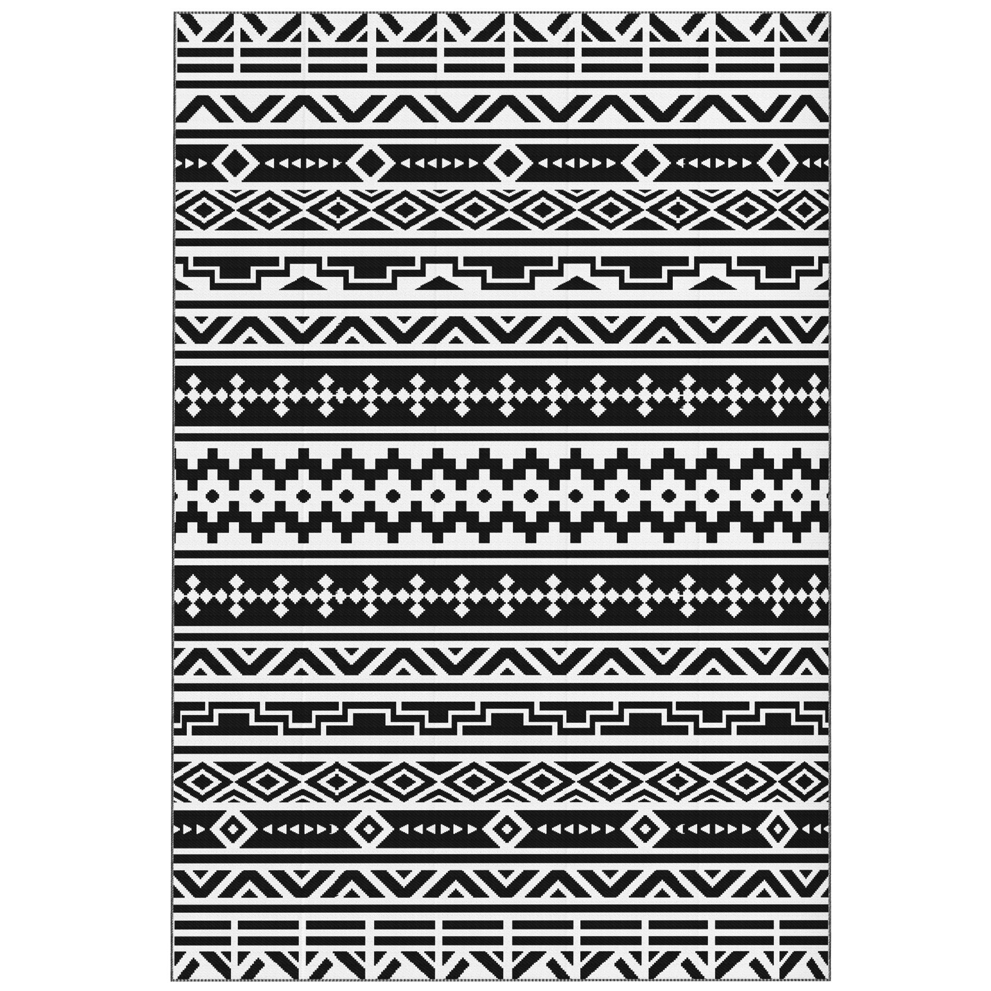 Reversible Outdoor Rug, Waterproof Plastic Straw With Carry Bag, 6 X 9, Black & White Geometric Wall