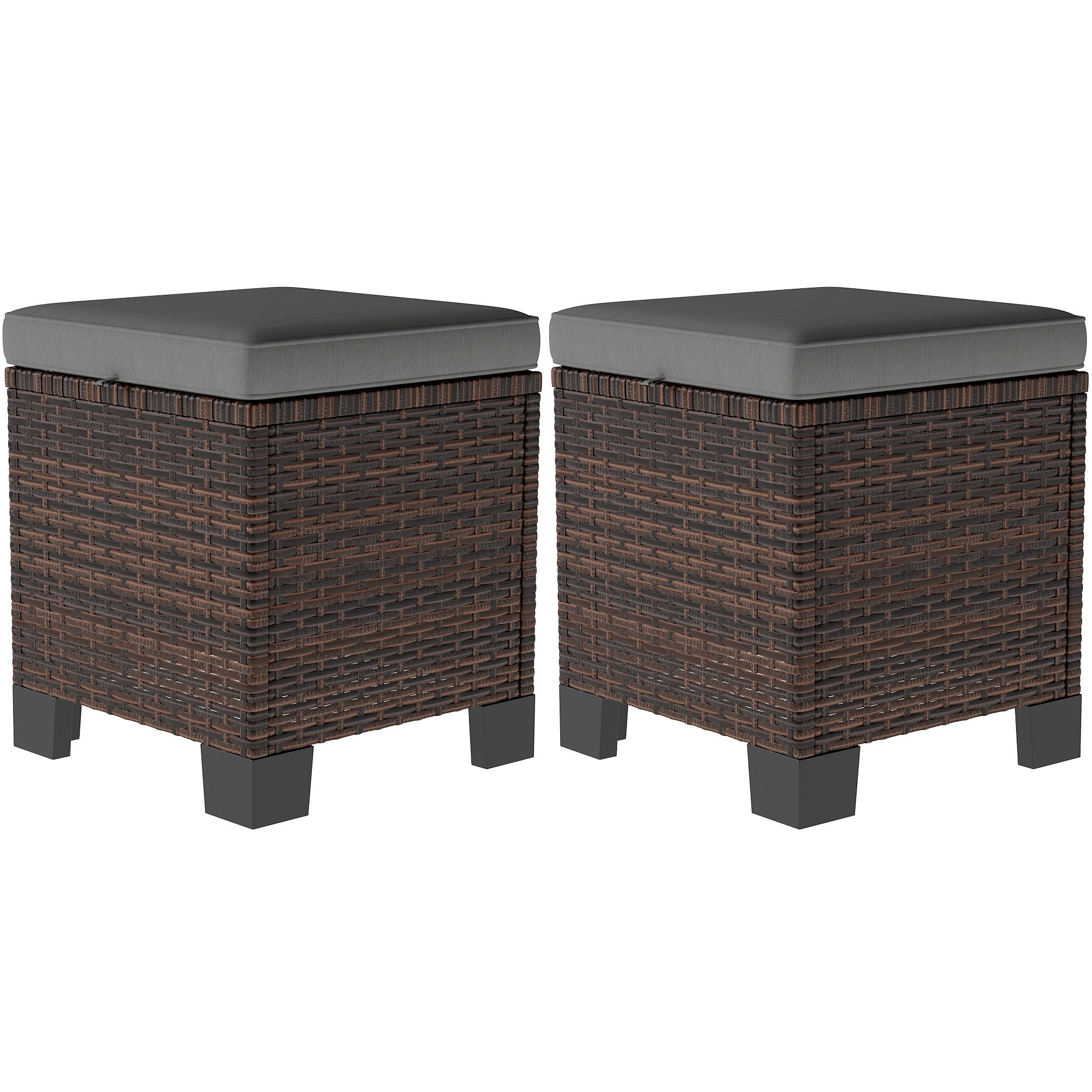 2 Piece Wicker Outdoor Ottomans With Cushions, Rattan Ottoman Footrest And Side Table For Patio, Yard, Poolside, Gray