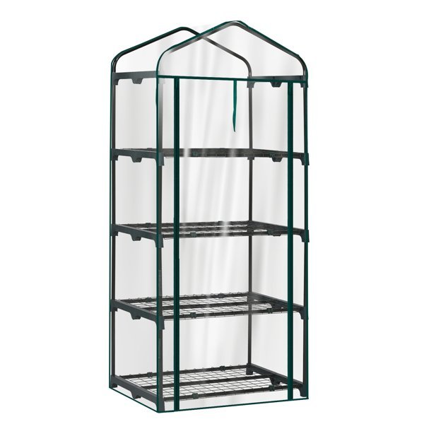 27X19X62in PE Cloth Flower Room Transparent PVC Dark Green Iron Pipe Spire Mini With 4 Ply Grid Flower Stand With Zipper Rolling Door