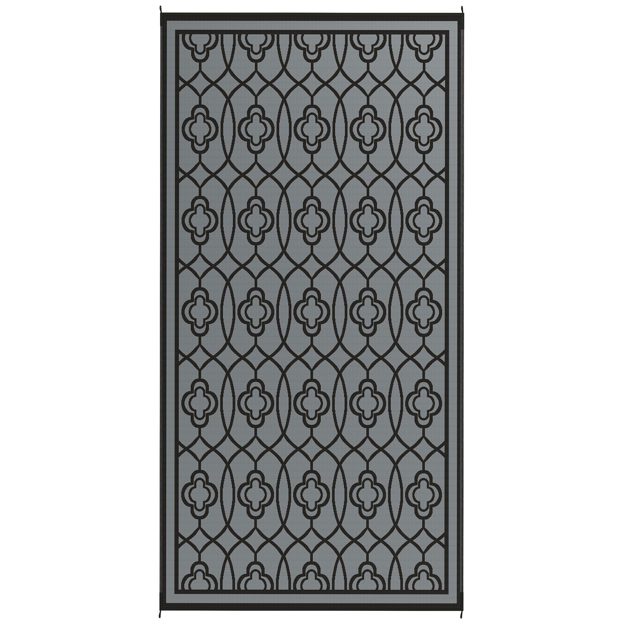 Reversible Outdoor Rug, Waterproof Plastic Straw With Carry Bag, 9 X 18, Black & Gray Lantern