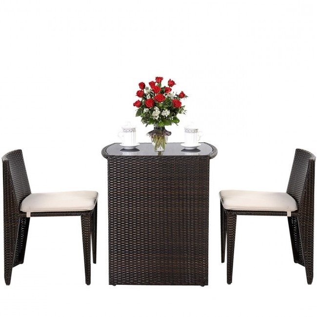 3 Piece Compact Espresso/White Wicker Patio Cushioned Outdoor Chair Table Set