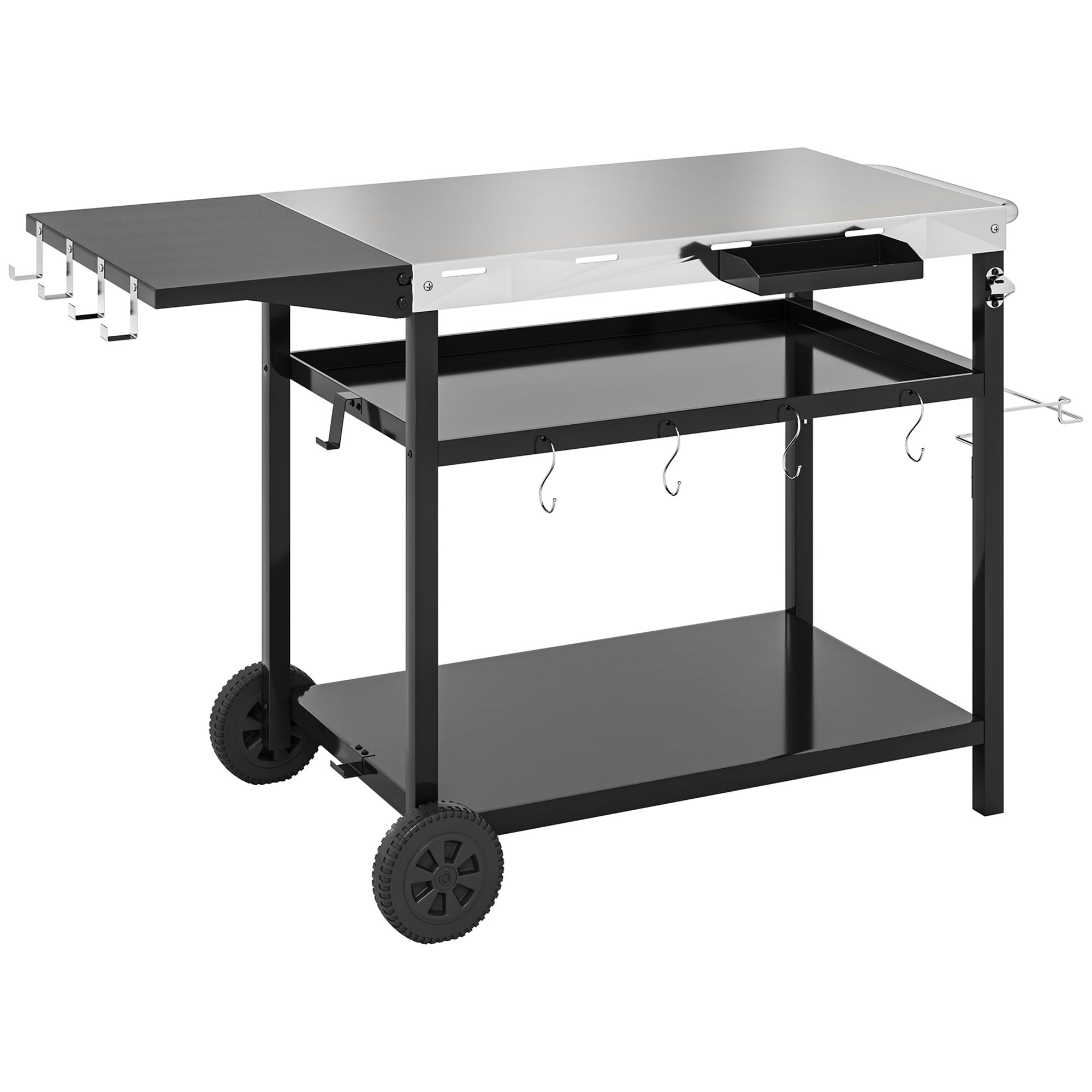 Outdoor Bar Cart Grill Table With Stainless Steel Tabletop, Wheeled Outdoor Serving Cart Prep Table With Storage, Hooks
